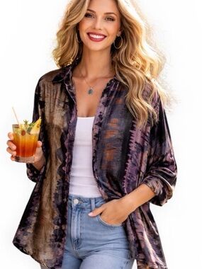 Johnny Was watercolor falls velvet button down NWT